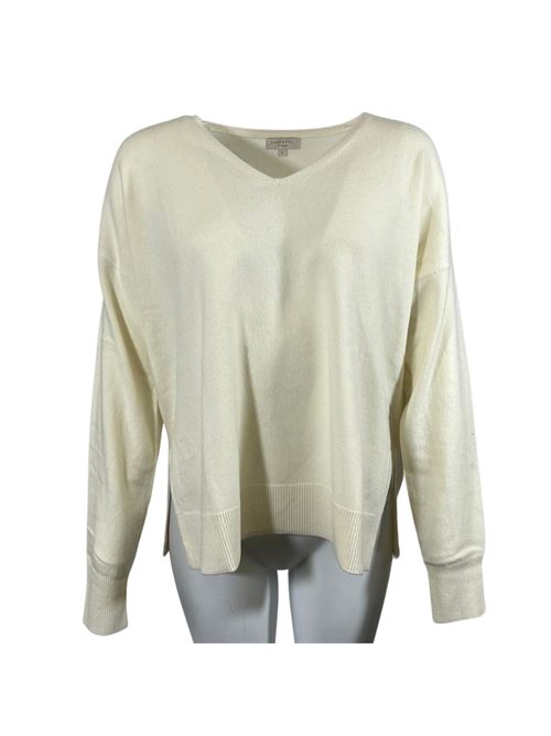 WOMEN'S V-NECK SWEATER ASYMMETRICAL CUT WITH SIDE SLITS CREAM ESSENTIEL STUDIO | LMD040PANNA